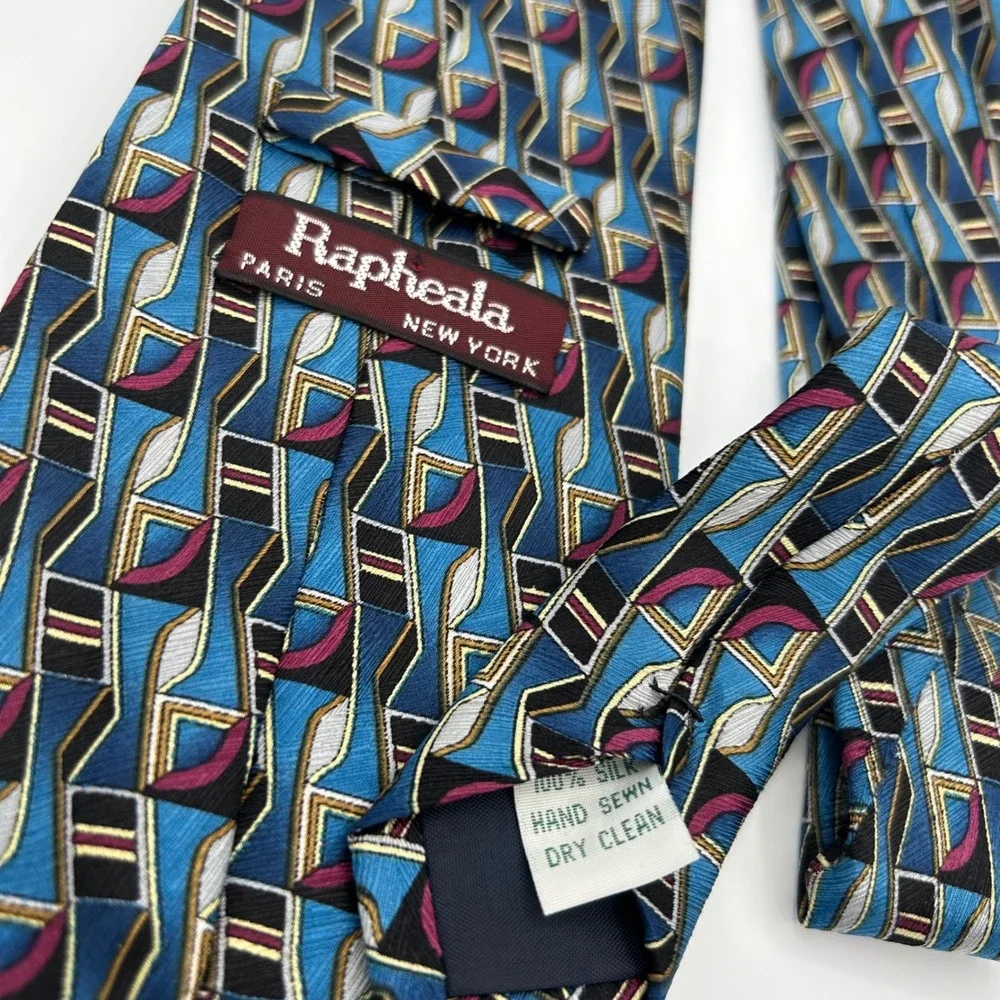 Rapheala Necktie Geometric Abstract Mens OS Teal Blue Silk Retro Career